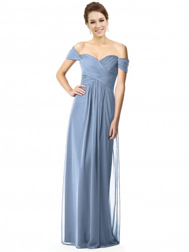 Long Cap Sleeves Soft Chiffon Dusty Blue A-Line Bridesmaid Dress Canberra