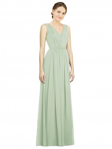 Long Sleeveless Soft Chiffon Sage V-Neck A-Line Bridesmaid Dress Canberra