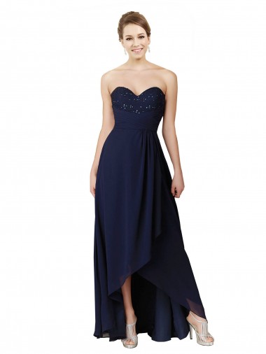 Long Sleeveless Soft Chiffon Dark Navy A-Line High Low Bridesmaid Dress Canberra