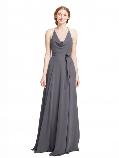 Long Sleeveless Soft Chiffon Slate Grey Spaghetti Straps A-Line Bridesmaid Dress Canberra
