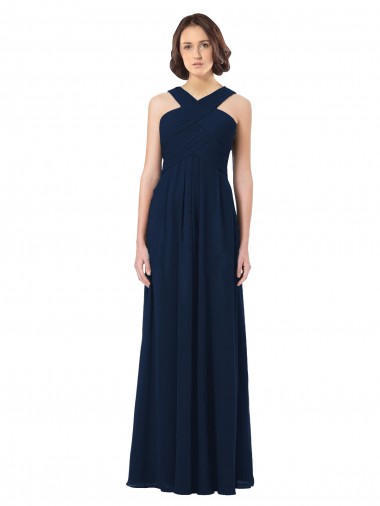 Long Floor Length Sleeveless Chiffon Dark Navy Off the Shoulder A-Line Bridesmaid Dress Canberra