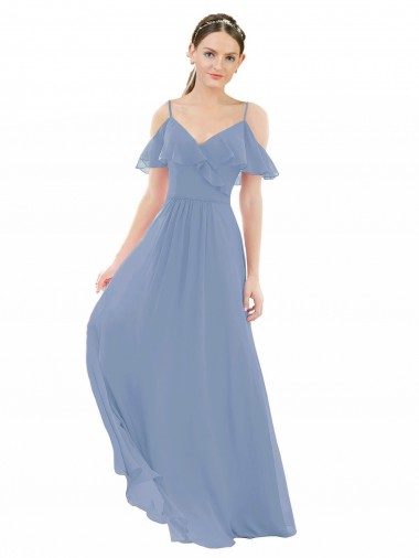 Long Cap Sleeves Lxue Chiffon Dusty Blue A-Line Bridesmaid Dress Canberra