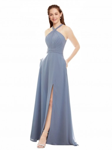 Long Sleeveless Soft Chiffon Dusty Blue A-Line Evening Dress / Bridal Party Dress Canberra
