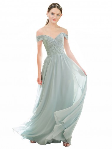 Long Cap Sleeves Soft Chiffon & Lace Sea Glass A-Line Bridesmaid Dress Canberra