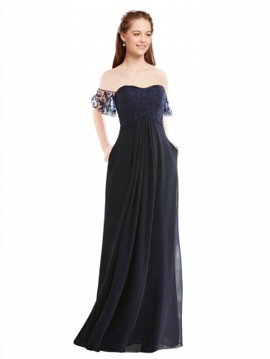 Long Cap Sleeves Soft Chiffon & Lace Dark Navy A-Line Formal Dress / Bridesmaid Dress Canberra