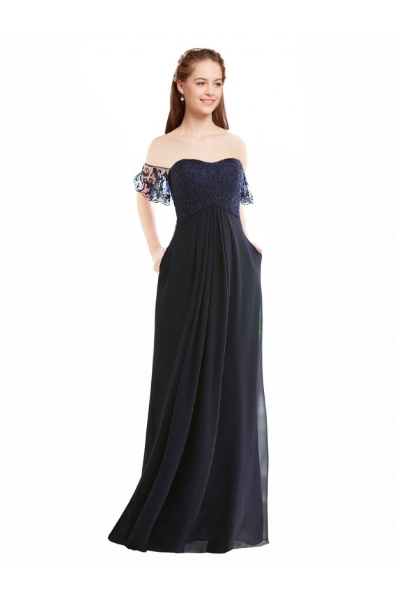 Long Cap Sleeves Soft Chiffon & Lace Dark Navy A-Line Formal Dress / Bridesmaid Dress Canberra