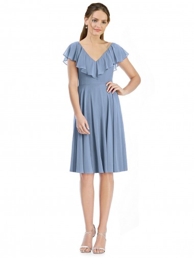 Cocktail Length Cap Sleeves Soft Chiffon Dusty Blue A-Line Bridesmaid Dress Canberra