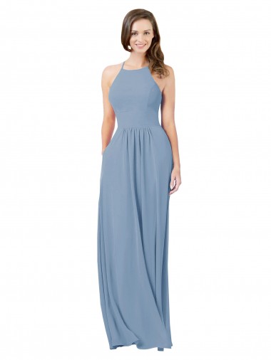 Long Sleeveless Chiffon Dusty Blue A-Line Bridesmaid Gowns Canberra