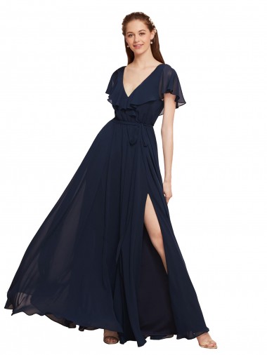 Long Cap Sleeves Chiffon Dark Navy A-Line Evening Gowns / Bridesmaid Dresses Canberra
