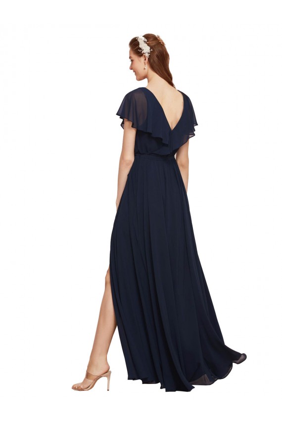 Long Cap Sleeves Chiffon Dark Navy A-Line Evening Gowns / Bridesmaid Dresses Canberra