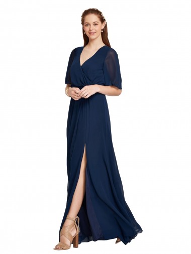 Long Flutter Sleeves Soft Chiffon Dark Navy A-Line Bridesmaid Dress / Formal Dress Canberra