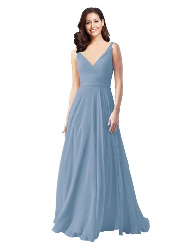 Long Sleeveless Chiffon Dusty Blue V-Neck A-Line Wedding Party Dress Canberra
