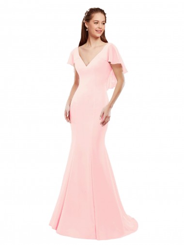 Long Flutter Sleeves Soft Chiffon Pink Mermaid Bridesmaid Dress Canberra