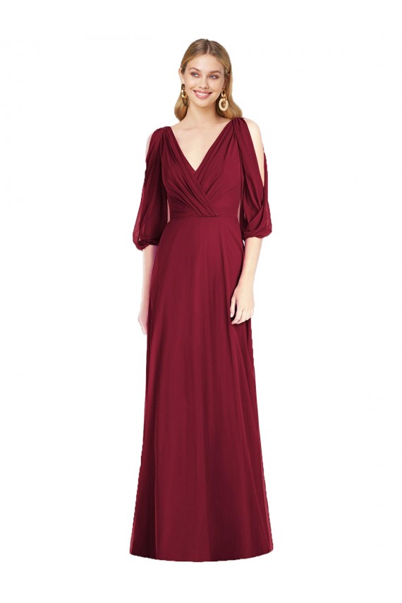 Long Bell Sleeves Soft Chiffon Burgundy Trumpet Formal Dress / Bridesmaid Dress Canberra