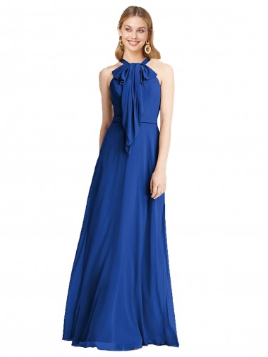 Long Sleeveless Soft Chiffon Royal Blue Halter Neck A-Line Bridesmaid Dress Canberra