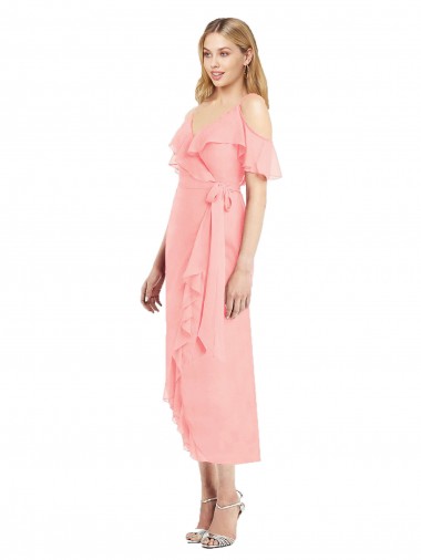 Cocktail Length Cold Shoulder Soft Chiffon Salmon Trumpet High Low Bridesmaid Dress Canberra