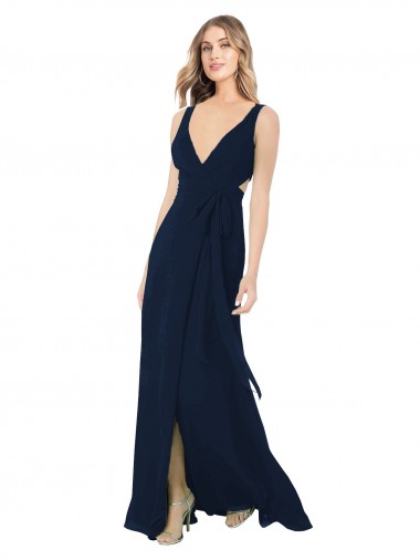 Long Sleeveless Chiffon Dark Navy V-Neck A-Line Bridesmaid Dress / Evening Dress Canberra