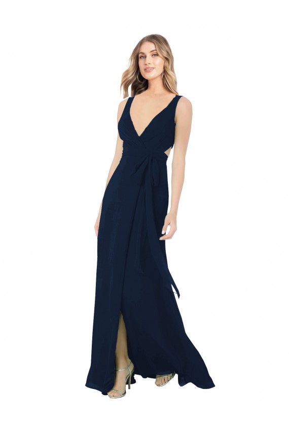 Long Sleeveless Chiffon Dark Navy V-Neck A-Line Bridesmaid Dress / Evening Dress Canberra