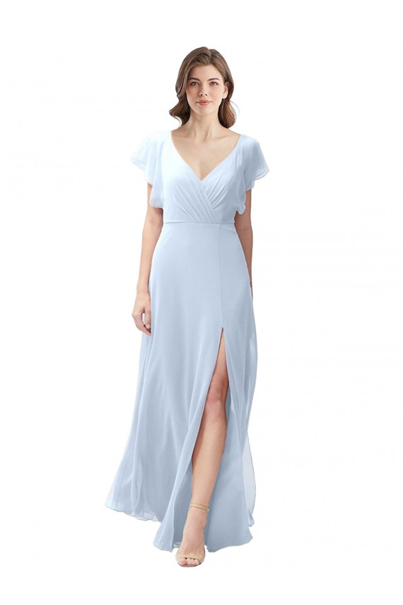 Long Flutter Sleeves Soft Chiffon Light Sky Blue A-Line Bridesmaid Dress / Formal Dress Canberra