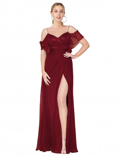 Long Cold Shoulder Soft Chiffon Burgundy Trumpet Formal Evening Gown / Prom Dress / Bridesmaid Dress Canberra