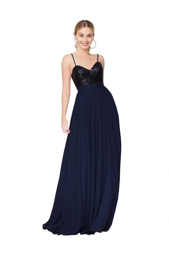 Long Sleeveless Soft Chiffon & Sequin Dark Navy A-Line Semi Formal Evening Dress / Prom Dress / Bridesmaid Dress Canberra