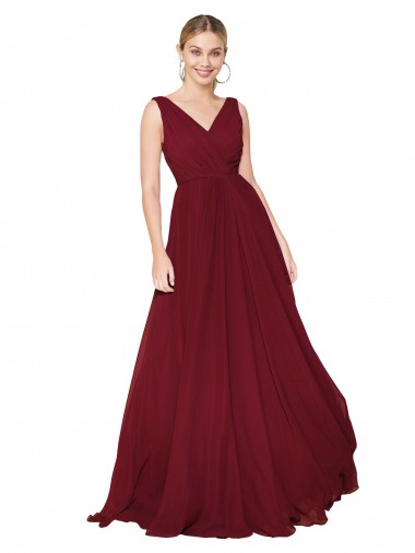 Long Sleeveless Soft Chiffon Burgundy V-Neck A-Line Prom Dresses Canberra