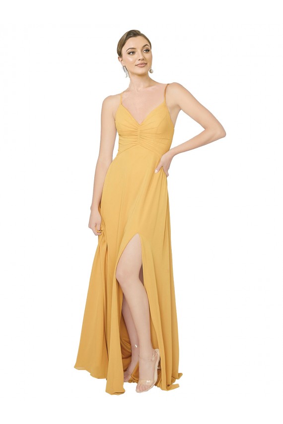 Long Sleeveless Chiffon Saffron A-Line Bridesmaid Dress / Evening Dress Canberra