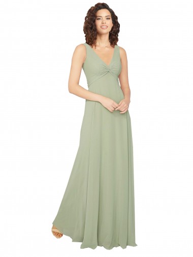 Long Sleeveless Chiffon Sage V-Neck A-Line Bridesmaid Dress / Evening Dress Canberra