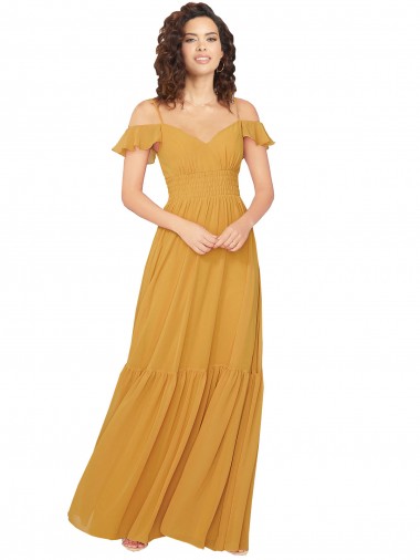Long Cold Shoulder Soft Chiffon Saffron A-Line Bridesmaid Dress Canberra