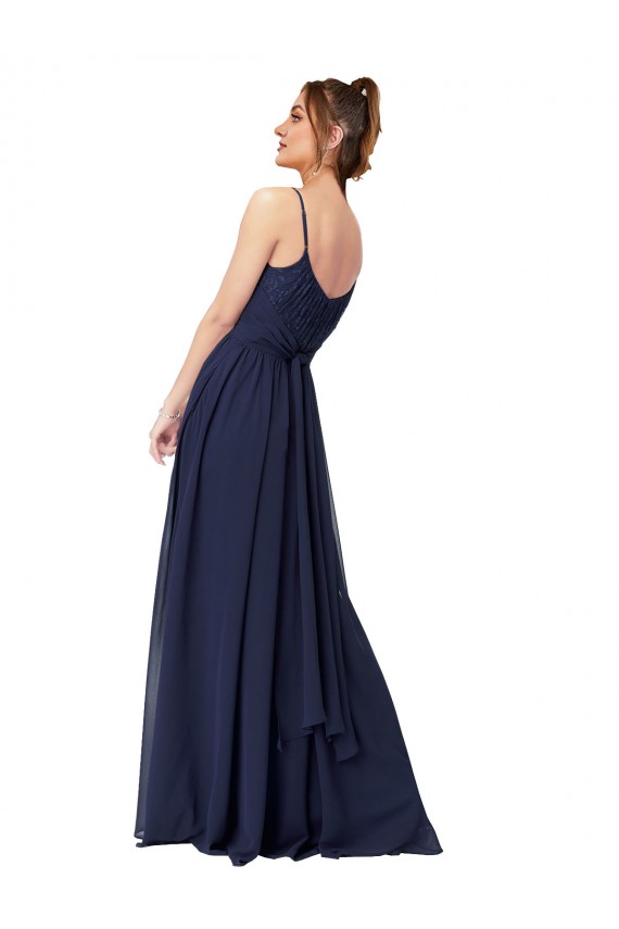 Long Sleeveless Soft Chiffon & Lace Dark Navy Scoop Neck A-Line Bridesmaid Dress Canberra