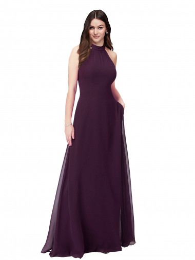 Long Sleeveless Soft Chiffon Grape Halter Neck A-Line Bridesmaid Dress Canberra