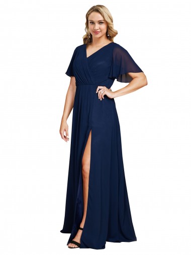 Long Short Flutter Sleeves Soft Chiffon Dark Navy A-Line Formal Plus Size Evening Gown / Prom Dress / Bridesmaid Dress Canberra