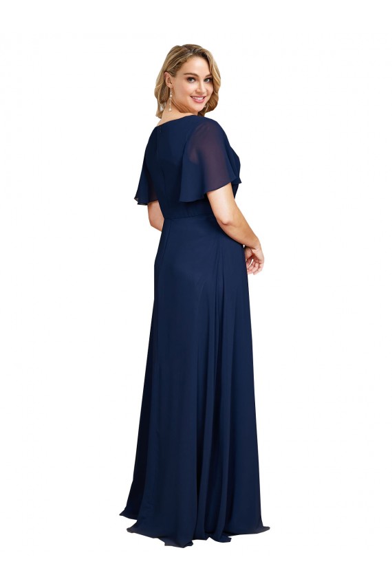 Long Short Flutter Sleeves Soft Chiffon Dark Navy A-Line Formal Plus Size Evening Gown / Prom Dress / Bridesmaid Dress Canberra