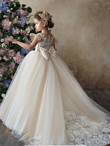 Chapel Train Sleeveless Tulle & Lace Champagne Ball Gown Flower Girl Dresses Canberra
