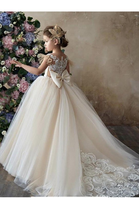 Chapel Train Sleeveless Tulle & Lace Champagne Ball Gown Flower Girl Dresses Canberra