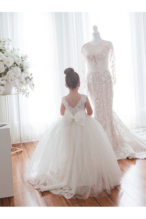 Chapel Train Sleeveless Tulle & Lace Ivory Bateau Neckline Ball Gown Flower Girl Dress Canberra