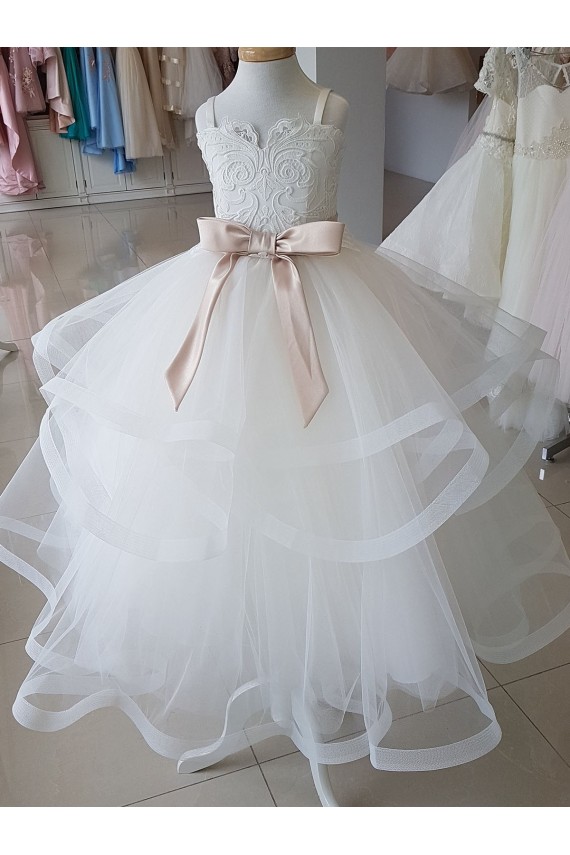 Long Sleeveless Tulle & Lace Ivory Ball Gown Flower Girl Wedding Dress Canberra