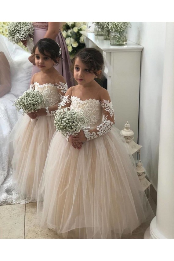 Chapel Train Long Sleeves Tulle & Lace Ivory Ball Gown Little Flower Girl Dress Canberra