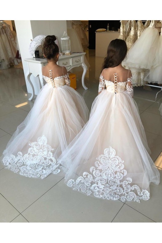 Chapel Train Long Sleeves Tulle & Lace Ivory Ball Gown Little Flower Girl Dress Canberra