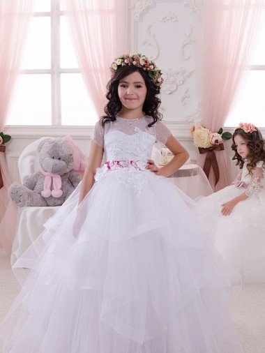 Short Sleeves Long Tulle & Lace Ivory Sweetheart Ball Gown Little Flower Girl Dress Canberra