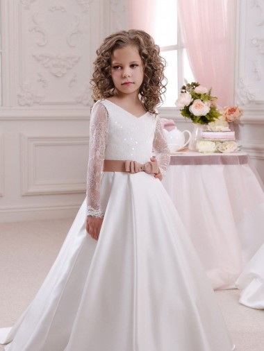 Chapel Train Long Sleeves Satin & Lace Ivory Ball Gown Flower Girl Dress Canberra