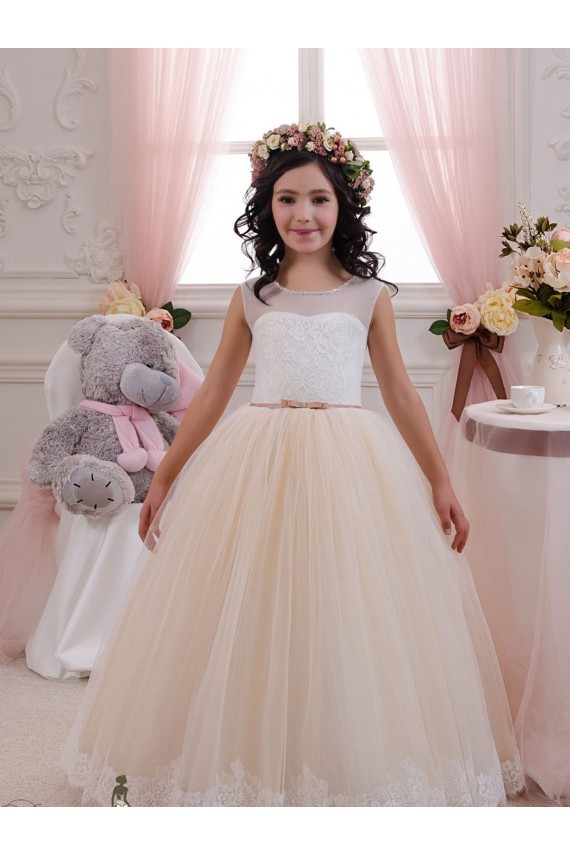 Long Sleeveless Tulle & Lace Ivory & Champagne Ball Gown Flower Girl Dresses for Wedding Canberra