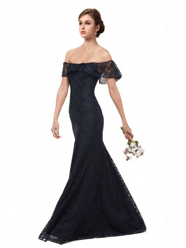 Long Flutter Sleeves Lace Dark Navy Mermaid Prom Dress / Bridesmaid Dress Canberra