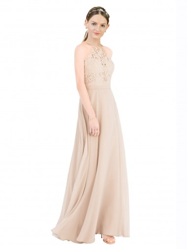 Long Sleeveless Soft Chiffon & Lace Champagne A-Line Prom Dress / Bridesmaid Dress Canberra