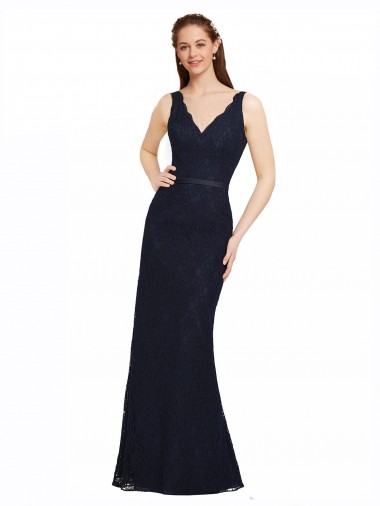 Long Sleeveless Lace Dark Navy Sheath Bridesmaid Dress Canberra