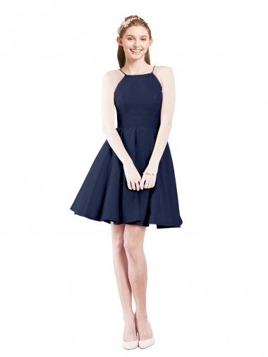 Knee Length Sleeveless Satin Dark Navy Halter Neck A-Line Bridesmaid Gown Canberra