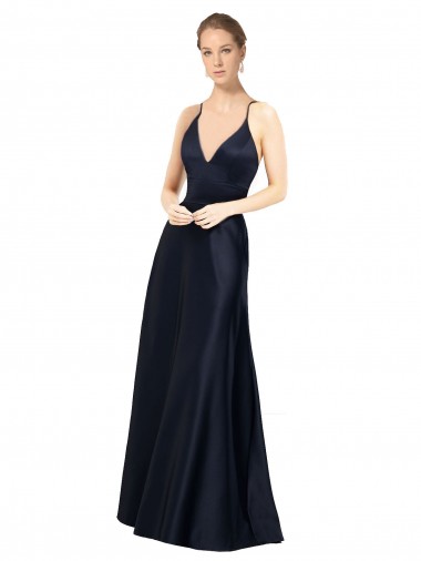 Long Sleeveless Satin Dark Navy A-Line Prom Dress / Bridal Party Dress Canberra