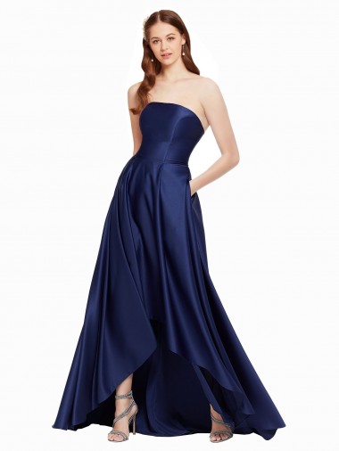 Long Sleeveless Satin Dark Navy A-Line High Low Evening Gown / Prom Dress / Bridesmaid Dress Canberra