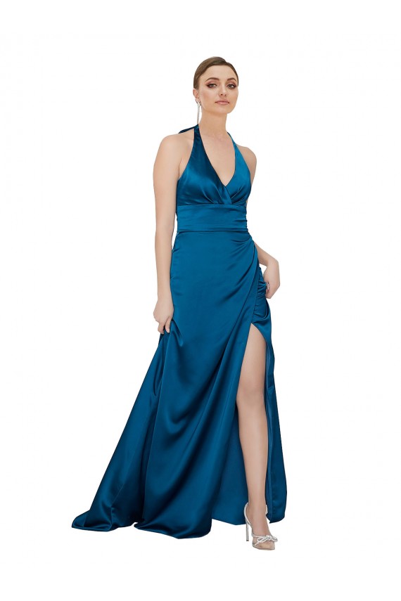Long Sleeveless Silk like Satin Peacock Blue A-Line Formal Evening Gown / Prom Dress / Bridesmaid Dress Canberra