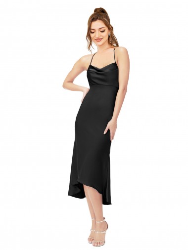 Midi Length Sleeveless Silk like Satin Black Sheath High Low Evening Gown / Prom Dress / Bridesmaid Dress Canberra